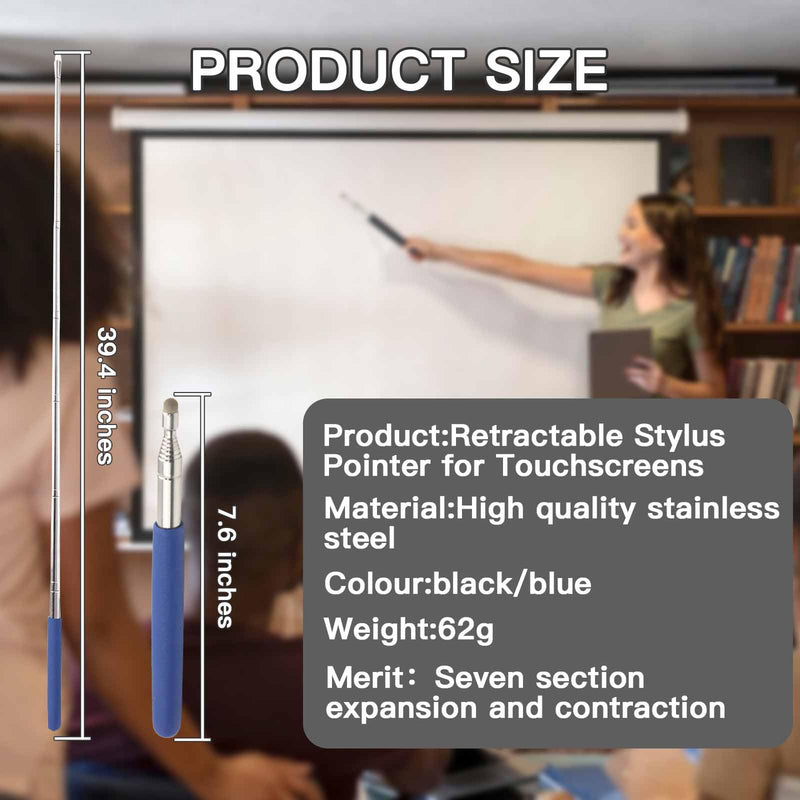 Retractable Pointer Stick for Teachers - Telescopic Stylus for Touchscreens, Classroom Reading & Presentations, Extendable Teaching Tool, Essential School Supplies- Extends 39.4'' (Blue) Blue