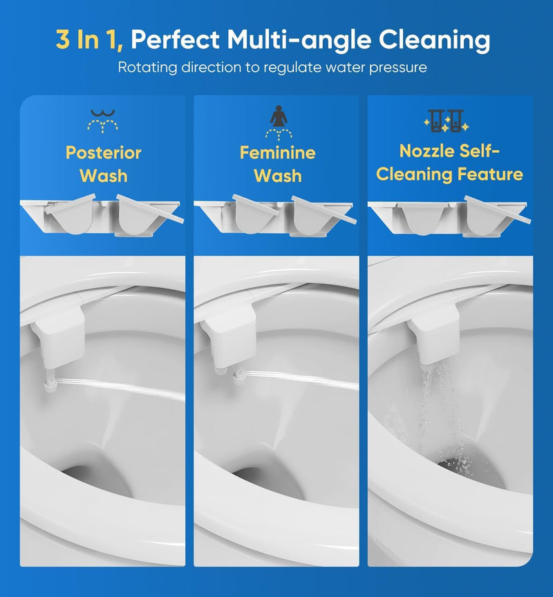 Ultra-Slim 3-in1 Bidet, Self-Cleaning, Posterior&Feminine Wash-(Retractable Dual Nozzles), Non-Electric Bidet Attachment for Toilet Seat, Adjustable Fresh Cold Water Pressure, Stainless Steel Inlet 1PCS-White + Cold Water