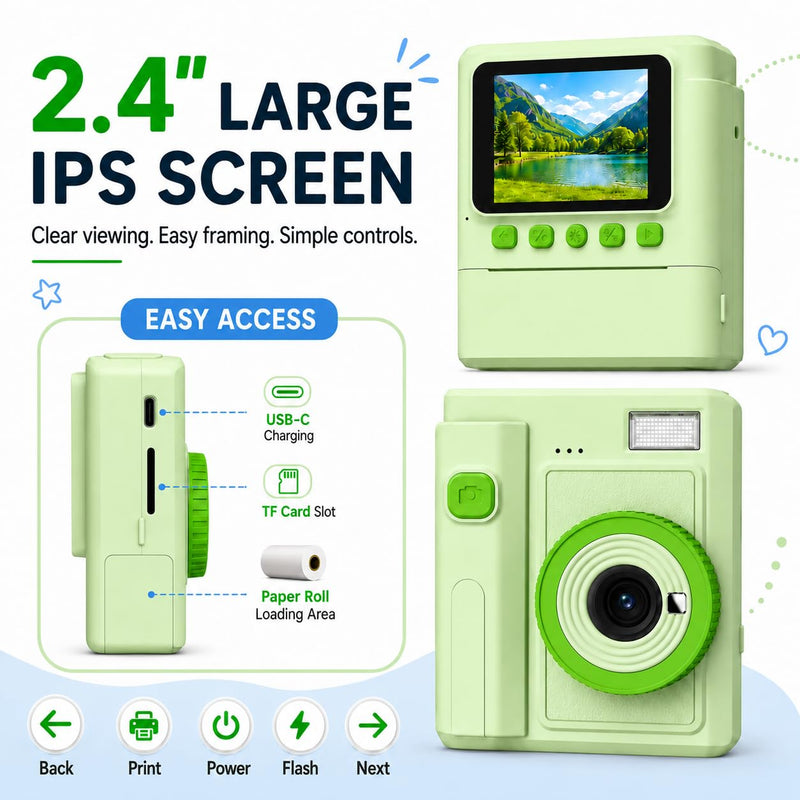 Mason & Friends Kids Print Camera Gift Set, 1080P Video, 16X Digital Zoom, Easy-to-Use Design for Boys and Girls Ages 3-12 Green
