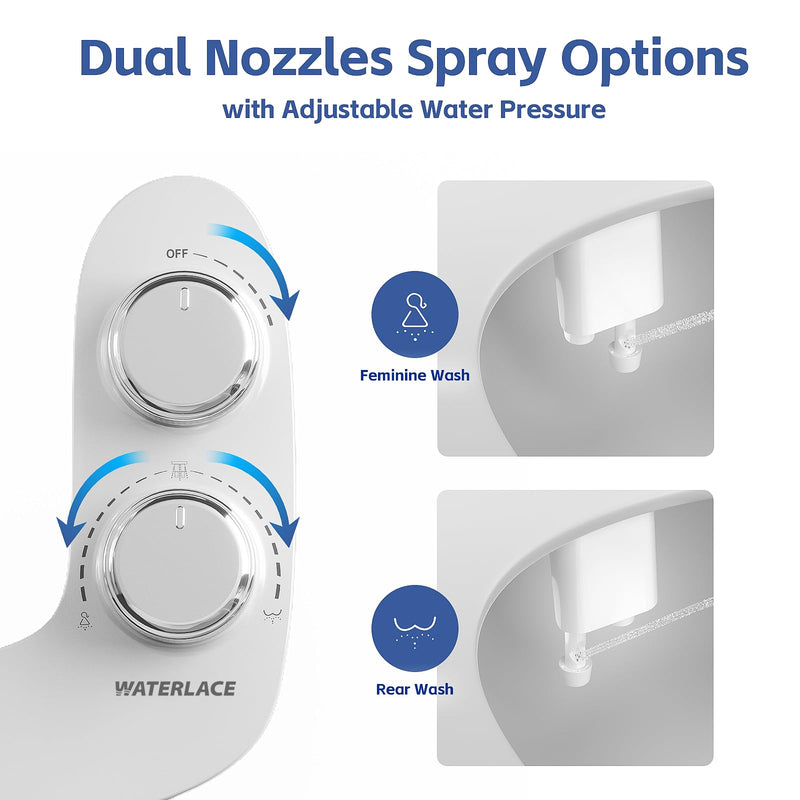 WATERLACE Bidet Attachment for Toilet Seat Water Pressure - Non Electric Bidets Self Cleaning Sprayer - Dual Nozzle Bidet Attachments Toilets Spray - Adjustable Bidets Wash Butt Cleaner for Bathroom White