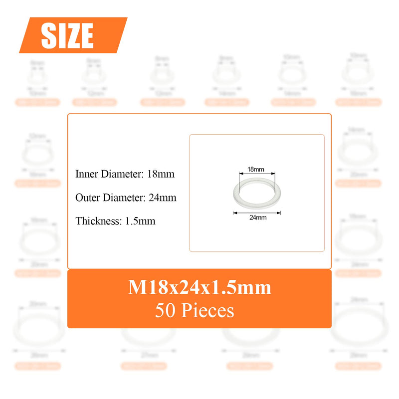 50 Pieces M18x24x1.5mm Automotive Drain Plug Gaskets, Oil Crush Washers, Aluminum Flat Washers, Inner Diameter 18mm, Outer Diameter 24mm, Thickness 1.5mm