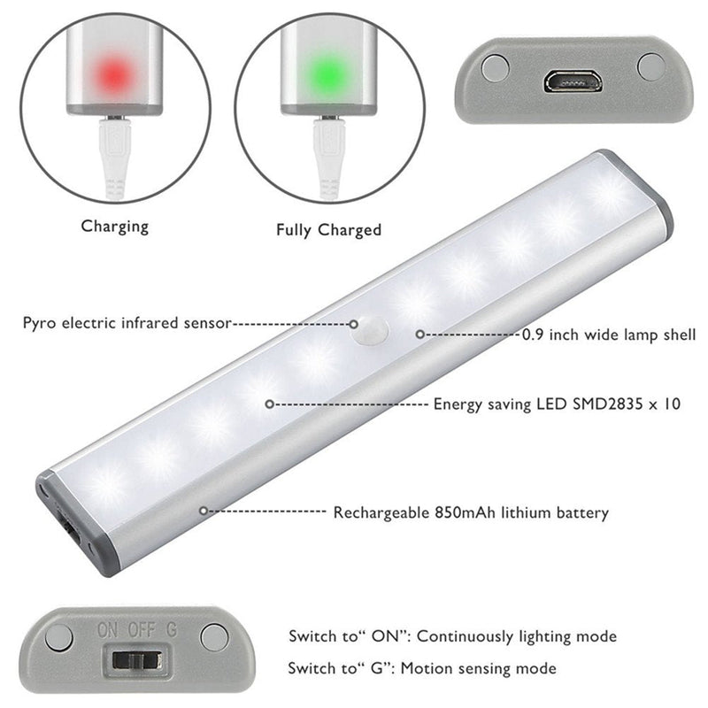 Stick-on Anywhere Portable Little Light Wireless LED Under Cabinet Lights 10-LED Motion Sensor Activated Night Light Build In Rechargeable Battery Magnetic Tap Lights for Closet, Cabinet (3PACK) White Light-Silver 7.5-10LED-3PACK