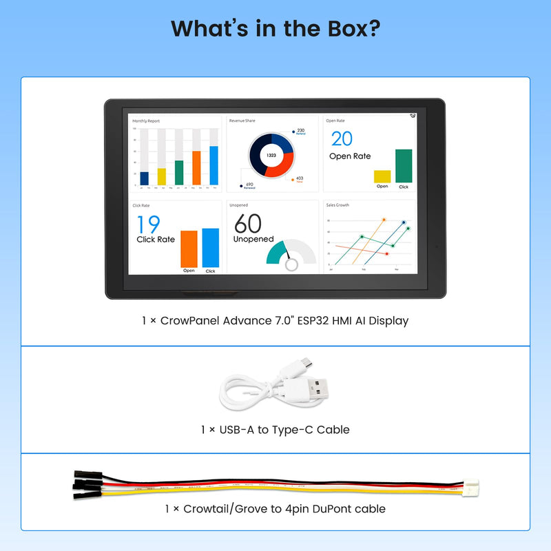 ELECROW ESP32 Display 800×480, 7" HMI Advanced ESP32 IPS Touch Screen with Acrylic Case, Support AI Speech Interaction, 32-Bit LX7 Dual-Core Processor, Up to 240MHz, Compatible with Arduino, ESP-IDF 7" AI ESP32 Display
