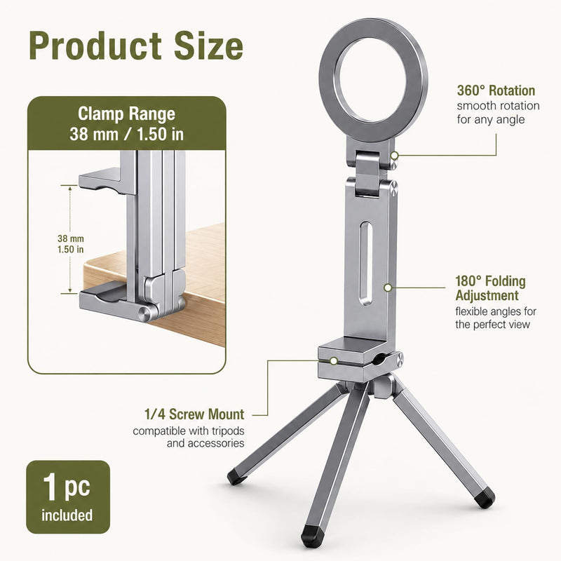 MagSafe Tripod 360 Foldable Aluminum | For MagSafe and Non MagSafe Phones, Portable Tripod with N52 Magnet, 38mm Clamp for Airplane Gym Desk, 2 Metal Rings