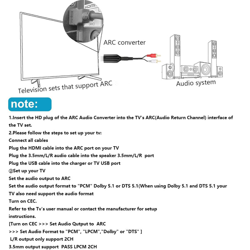 (1.5m /4.92FT) HDMI ARC Audio Extractor Converter,192KHz ARC Audio Extractor DAC,Digital to Analog Audio Converter,from HDTV HDMI ARC to L/R 3.5mm Jack Audio System Soundbar for TV (ARC Input)