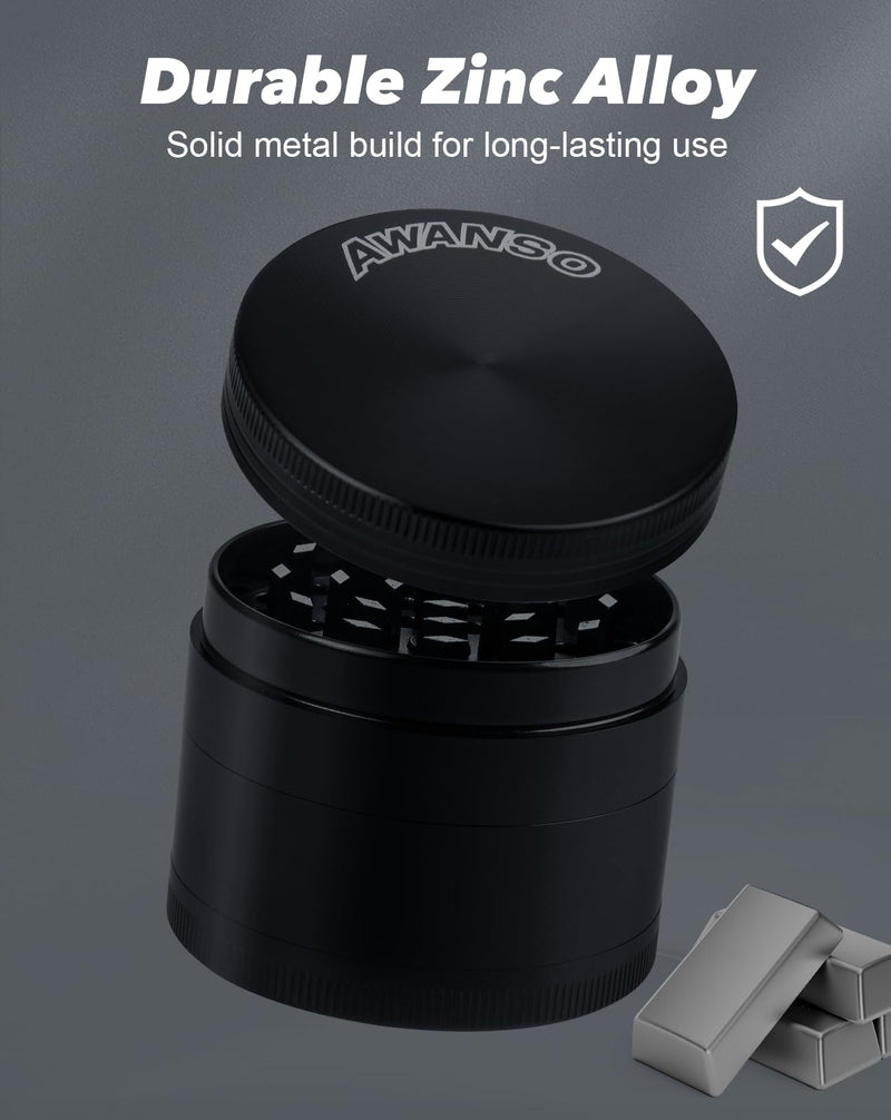 2" Grinder for Kitchen Spices, 3-Piece 4-Part Design, Screen-Free, Durable Zinc Alloy, Black 2.0"
