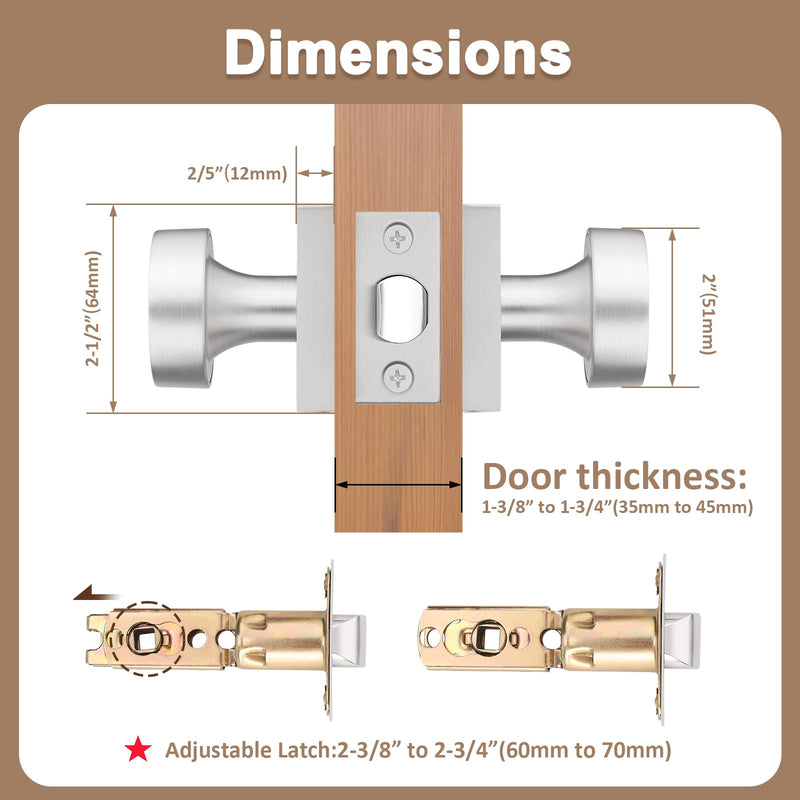 Probrico Door Knob Brushed Nickel Interior Handle for Closet and Hallway Doors, Keyless Door Knob No Lock, Interior Doorknob on Square Rose, 1 Pack Passage