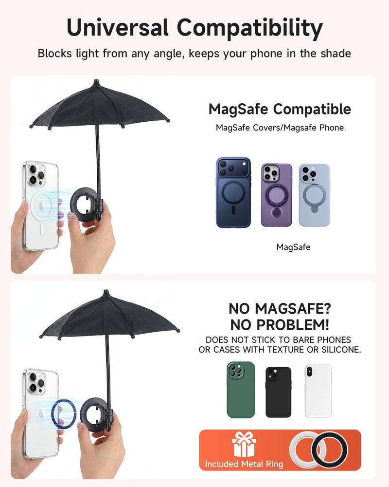 Magnetic Cell Phone Umbrella for Sun, Universal Anti-Glare Umbrella for iPhone UPF45+ Heat UV Protection, Outdoor Anti-Reflective Sun Visor for Cellphone/Android/Kindle Vacation Essentials Black