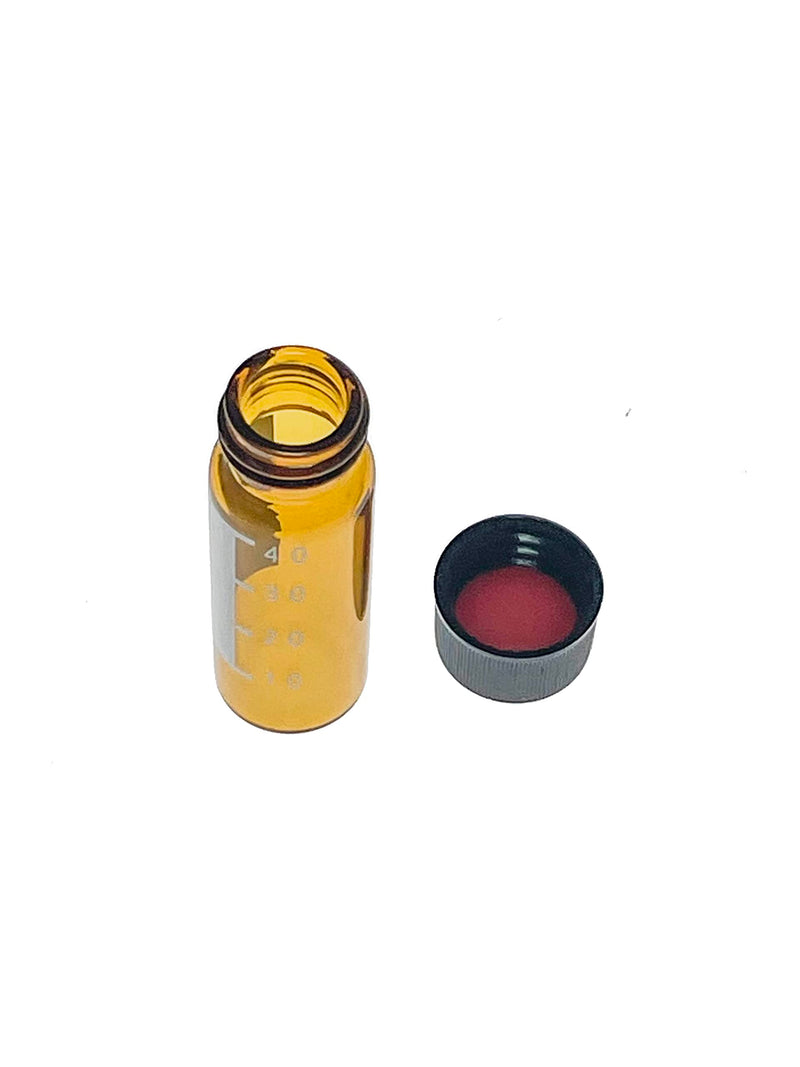 MUHWA 4ml Amber HPLC Vials, 13-425 Lab Autosampler Vials with Writing Area and Graduations, Black Screw Cap with Hole, Red PTFE and White Silicone Septa, 100 Pcs/Pack 4 ml