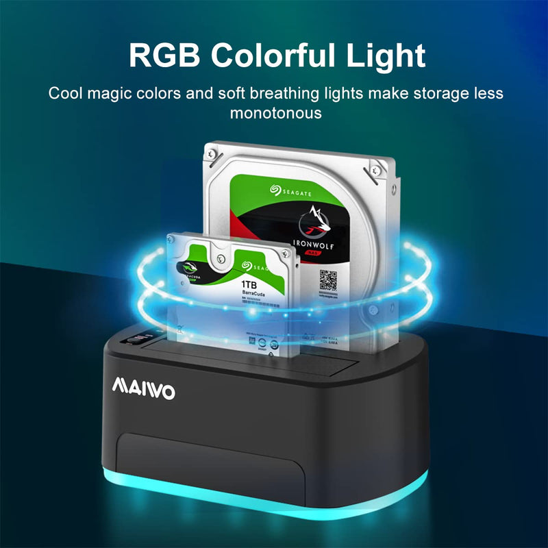 MAIWO Dual Bay RGB SATA to USB 3.0 Hard Drive Docking Station with Offline Clone, Duplicator for 2.5 and 3.5 Inch HDDs and SSDs, UASP Supported, Black