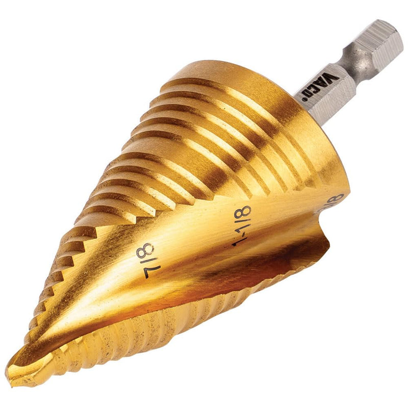 Klein Tools 25960 Step Drill Bit, 7/8 to 1-3/8-Inch, Spiral Double-Fluted, Cut Thin Metal, Plastic, Aluminum, Wood, 1/4-Inch Hex Shank, VACO