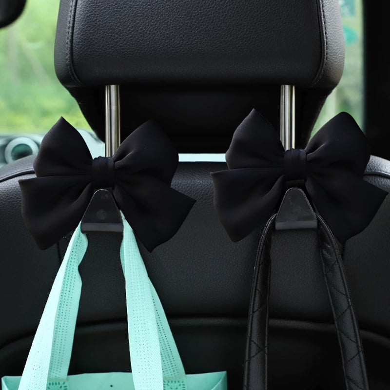 Mandark 2PCS Car Seat Headrest Hooks, Cute Bow Vehicle Hooks for Purses and Bags, Automotive Purse Hook Hanger Interior Decoration Accessories, Universal for SUV, Sedan, Truck (Black Line) Black
