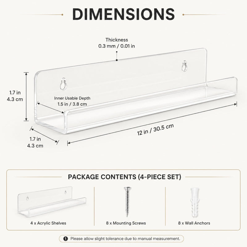 4-Pack Hanging Records, 12-Inch Record Holder Display, Clear Acrylic Floating Shelf, Suitable for Bedroom, Living Room, Magazine Rack