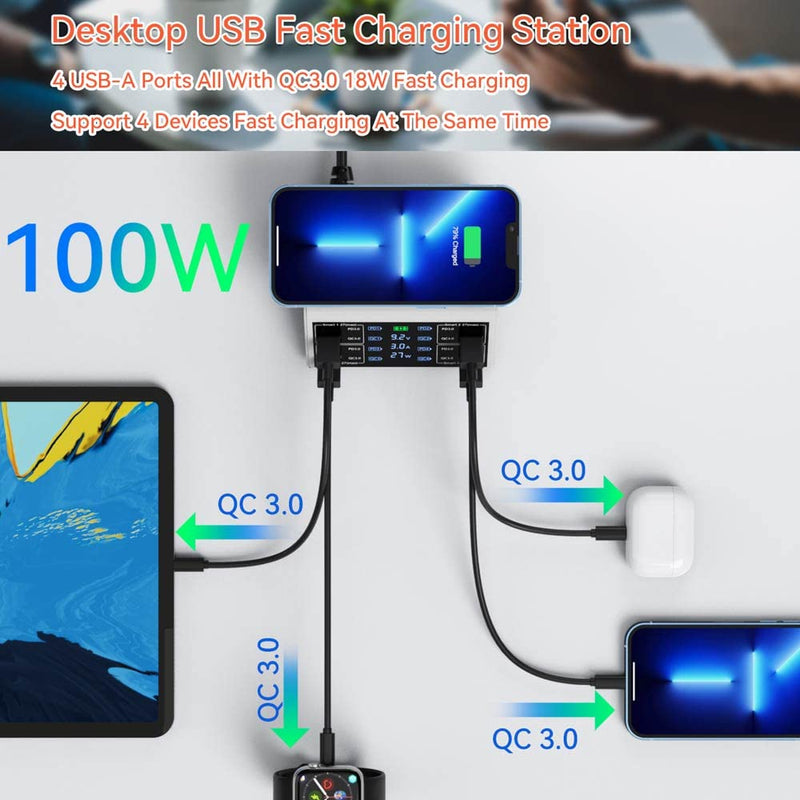 USB Charging Station,100W 8-Port Charging Station for Multiple Devices with 4 QC3.0+4 USB-C PD Ports,Wireless Charger,Multi Fast Charging Hub Charger Station for iPhone,Samsung, iPad White