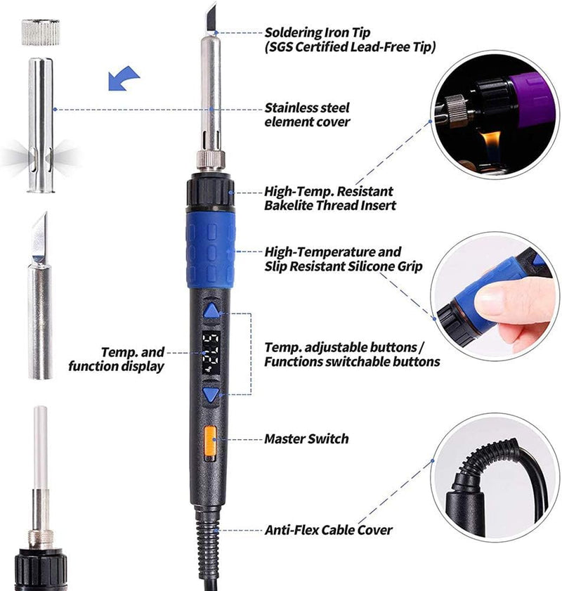 110W Electronics Soldering Iron Kit - LCD Digital Soldering Iron Adjustable Temperature, Wire & Cutter, Stand, Soldering Iron Tip Set, Desoldering Pump, Solder, Tweezers, Soldering Flux Paste Blue