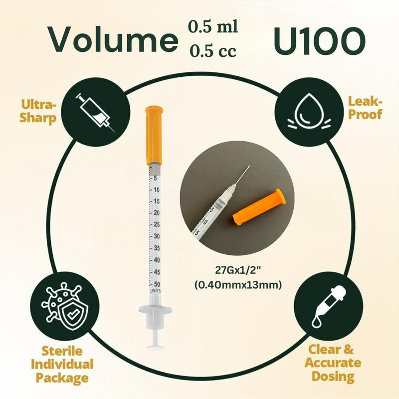 Elimedical Veterinary Insulin Syringe, U-100, 0.5cc (0.5ml), 27g x 1/2 inch (12.7mm), Individually Packed, for Pet Cat or Dog, 100 per Box, 05V2713VB
