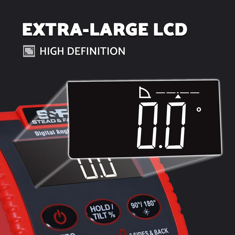 S&F STEAD & FAST Digital Angle Finder Magnetic with Extra Large LCD Display | 4-Sided Strong Magnet, V-GROOVE, Adjustable auto power-off, Auto‑invert display, Laser, Case, for Table Saw & Electrical Work