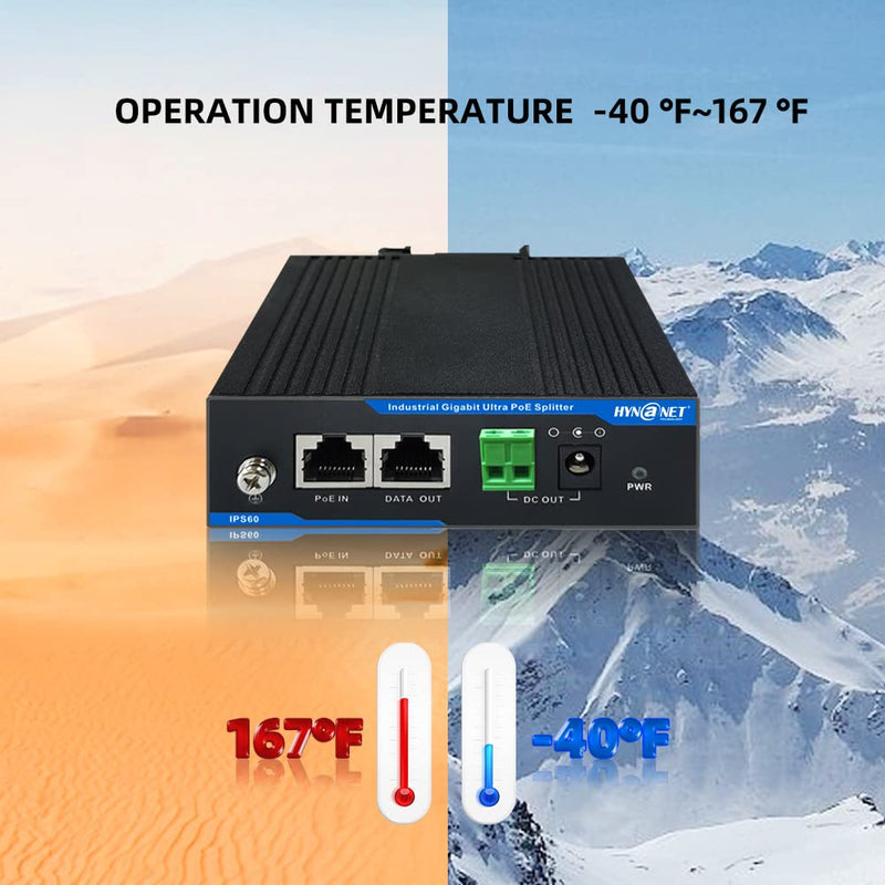 Industrial Din-Rail 802.3bt 60W Gigabit PoE++ Splitter to 12V/4.25A Power Adapter for PTZ Cameras,Access Points