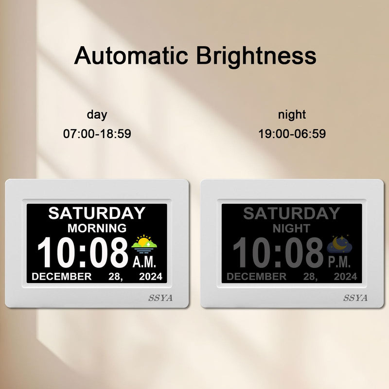 SSYA Digital Calendar Alarm Clock - Dementia Clocks for Seniors, Non-Abbreviated Memory Loss Clock with Date and Time for Elderly (White) 7" White