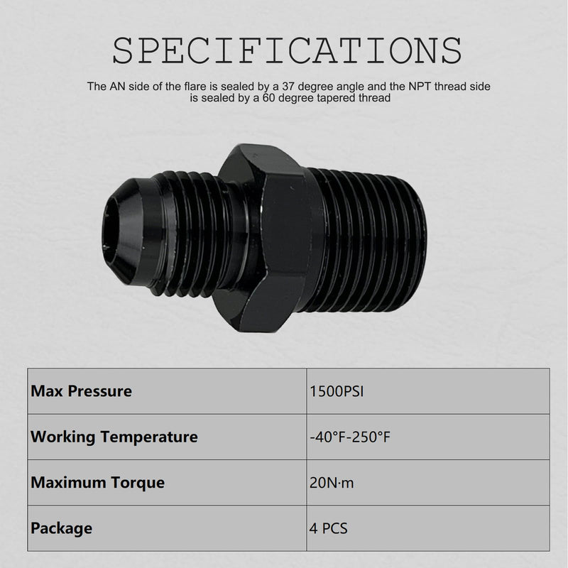6AN Male Flare to 3/8" NPT Pipe Fitting Adapter Aluminum Straight Black, Pack of 4 6AN to 3/8 NPT