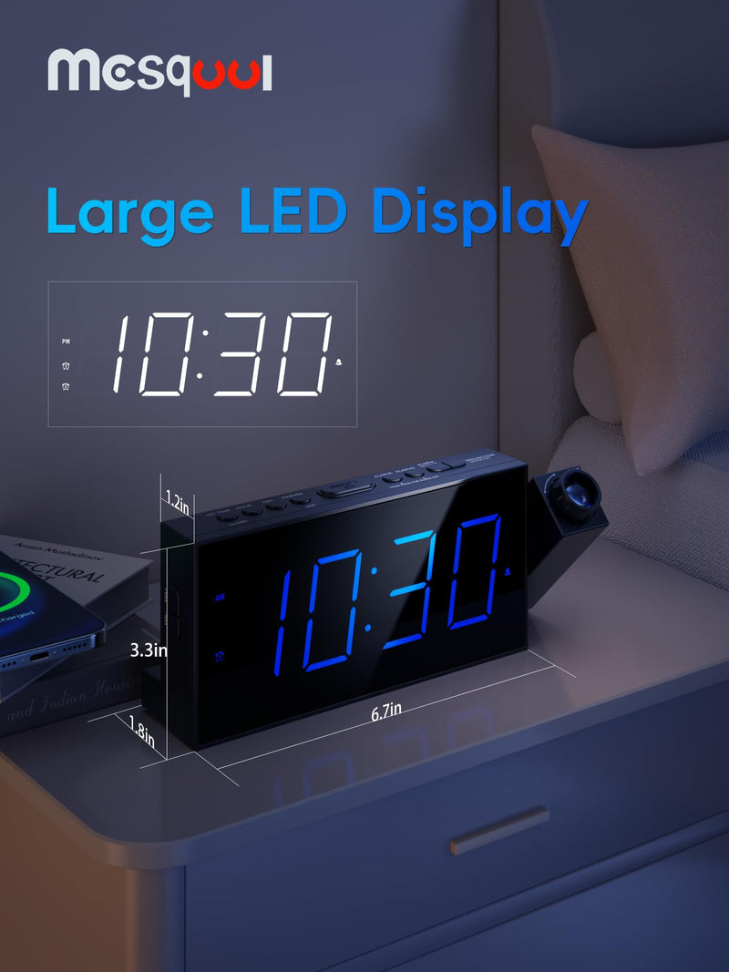 Mesqool Projection Alarm Clock, Loud Vibrating Alarm Clock for Heavy Sleepers, Adjustable Projection Brightness,Hearing Impaired & Deaf People, Digital Alarm Clock with USB Charging Port with Projection & Bed Shaker Blue Digits; Blue Projection
