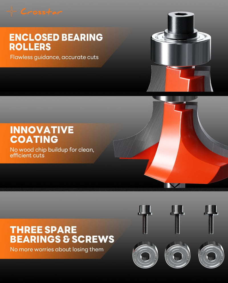 Crosstar 7Pcs Top Bearing Roundover Router Bit ,1/4 Shank,Carbide Inserts , 2 Flutes Corner Rounding Router Bit, Over Edge Forming Router bit , with Bearing Guide CNC Woodworking Tool