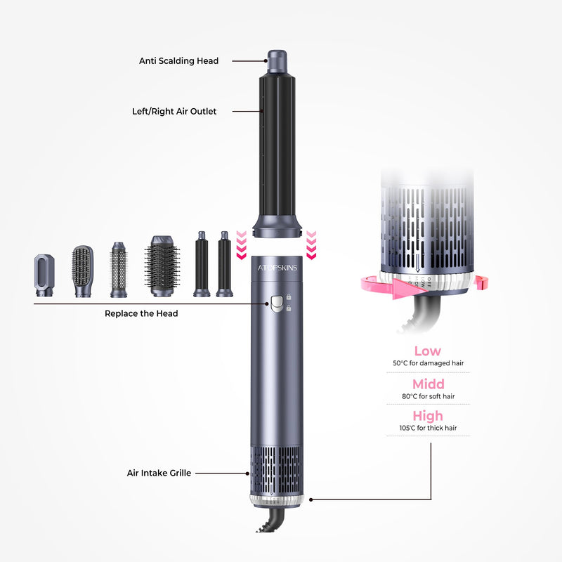 Atopskins Air Styler 6 in 1 Hair Styler Set 200 Millions Negative Ionic Airbrush 6 in 1 Multi Styler, 1000W High-Speed Hair Dryer Brush, 30mm Air Curler, Hair Dryer Curler, Volumizer, Round Brush Blue