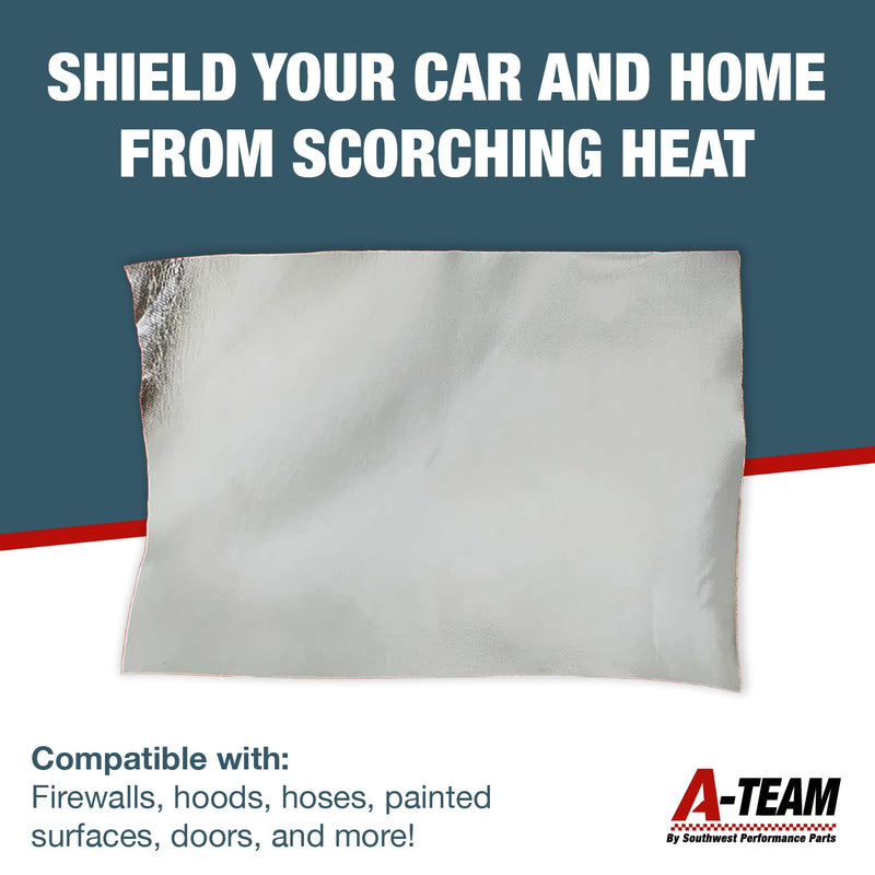 A-Team Performance, 13575 Adhesive Backed Aluminized Fiberglass Heat Shield Barrier Up To 2000 Degrees Fahrenheit Multi-Purpose, Compatible with Firewall Hoods Hoses and Doors 12" x 24" Aluminum