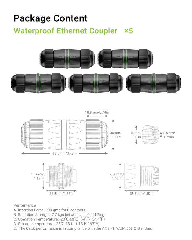 Waterproof RJ45 Coupler Cat6(3.48in), IP68 Waterproof Ethernet Coupler Female to Female, Gold-Plated and Shielded Outdoor Ethernet Coupler for CAT6/CAT5E/CAT5 Network Cables PoE, 5 Pack