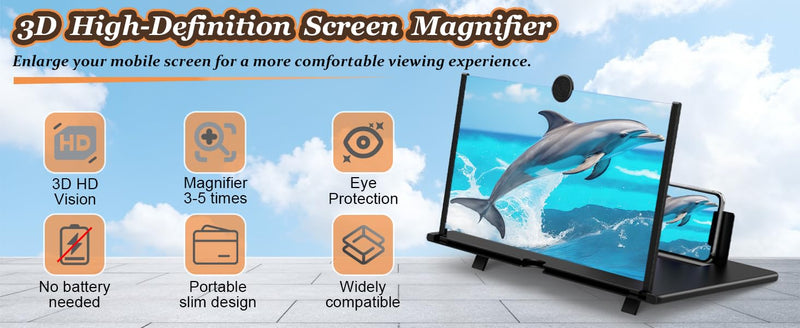 18" Screen Magnifier for Mobile Phone,3D HD Cell Phone Magnifying Projector Screen Enlarger for Movies, Videos, and Gaming,Foldable Phone Stand with Screen Amplifier,Supports All Smartphones (Black) Black-18inch