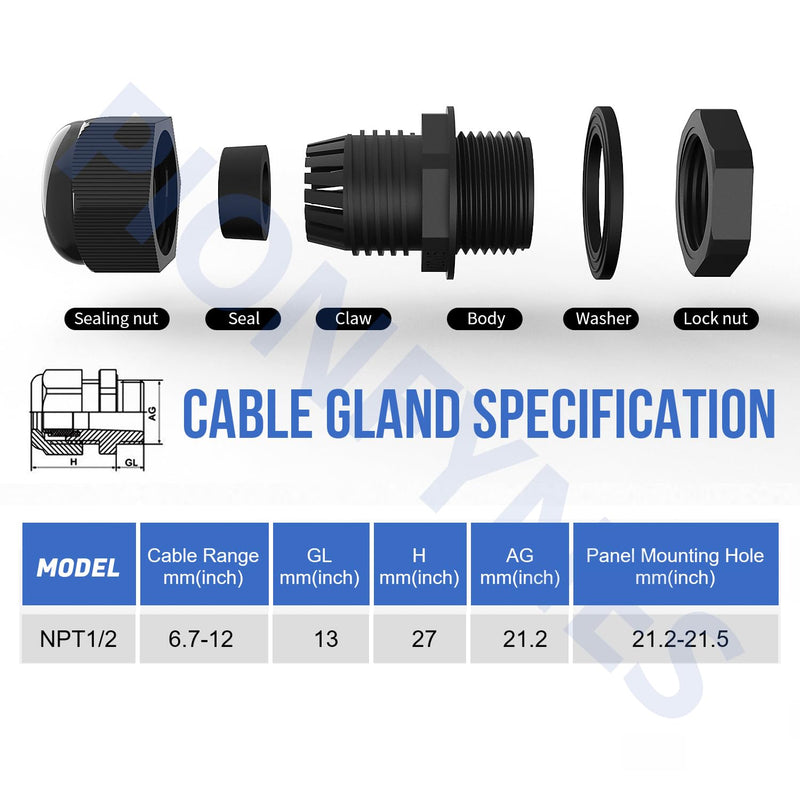 50PCS 1/2'' NPT Cable Gland Waterproof Adjustable 6-12mm/0.24-0.47inch Nylon Cable Glands Joints with Gaskets (1/2'', 50PCS) 1/2'' NPT 50pcs