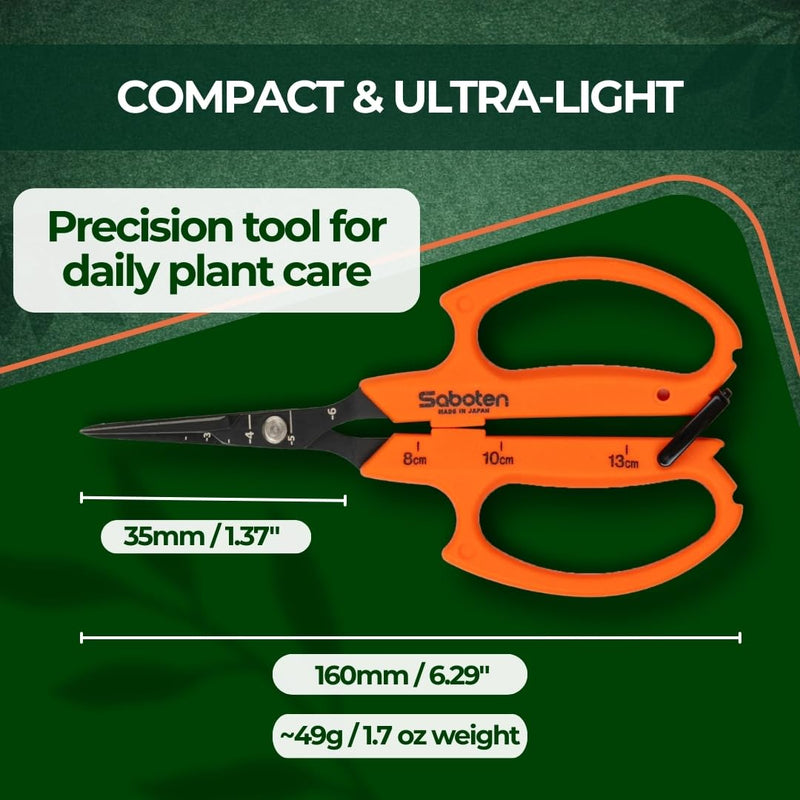Saboten Japanese Harvesting Shears, Magnetic Springless, Fine-Tip Angled Blade, Fluorine-Coated Steel, Non-Slip Grip, Safety Lock, Made in Japan (Orange) Orange