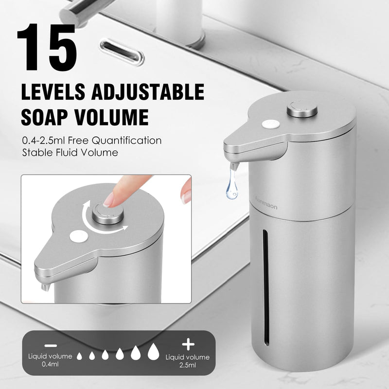 Aunmaon Automatic Soap Dispenser Touchless,Upgrade Adjustable Volume for Thick and Thin Liquid Battery Hand Soap Dispenser,Dish Soap Dispenser Kitchen Bathroom,Auto Soap Dispenser Hands Free Silver