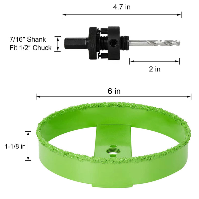 6 inch Carbide Hole Saw with Arbor for Recessed Lights, Cutting Plaster Drywall Ceiling Sheetrock, 2X Faster, Green