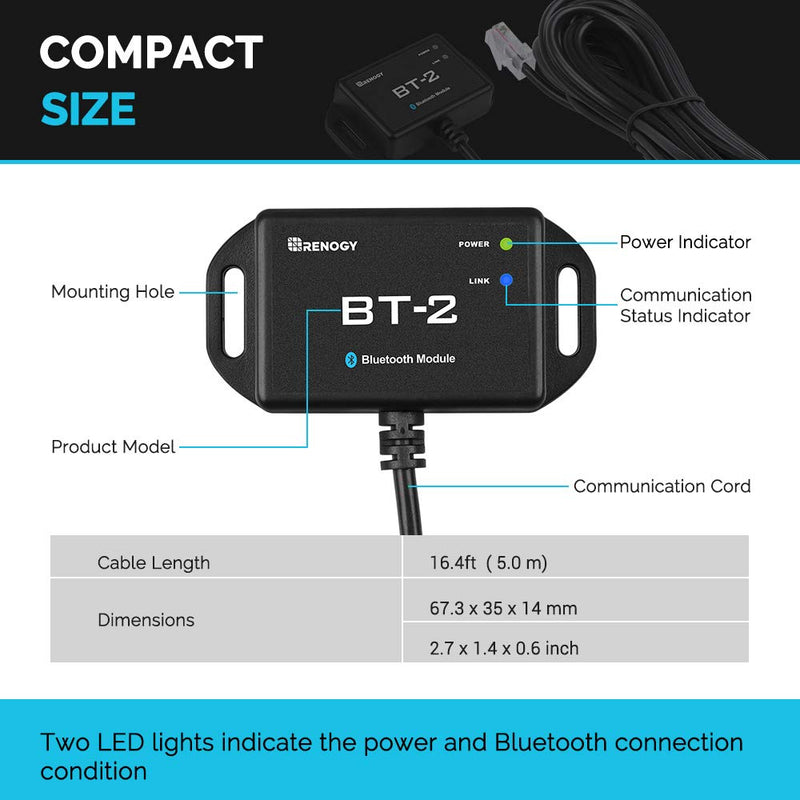 Renogy BT-2 Bluetooth Module RJ45 Communication Port Wirelessly Monitor Real-time Insight Precise Control, Compatible Solar Charge Controllers, Battery Charger, Inverter, BT-2 RS485 Bluetooth Module RS485