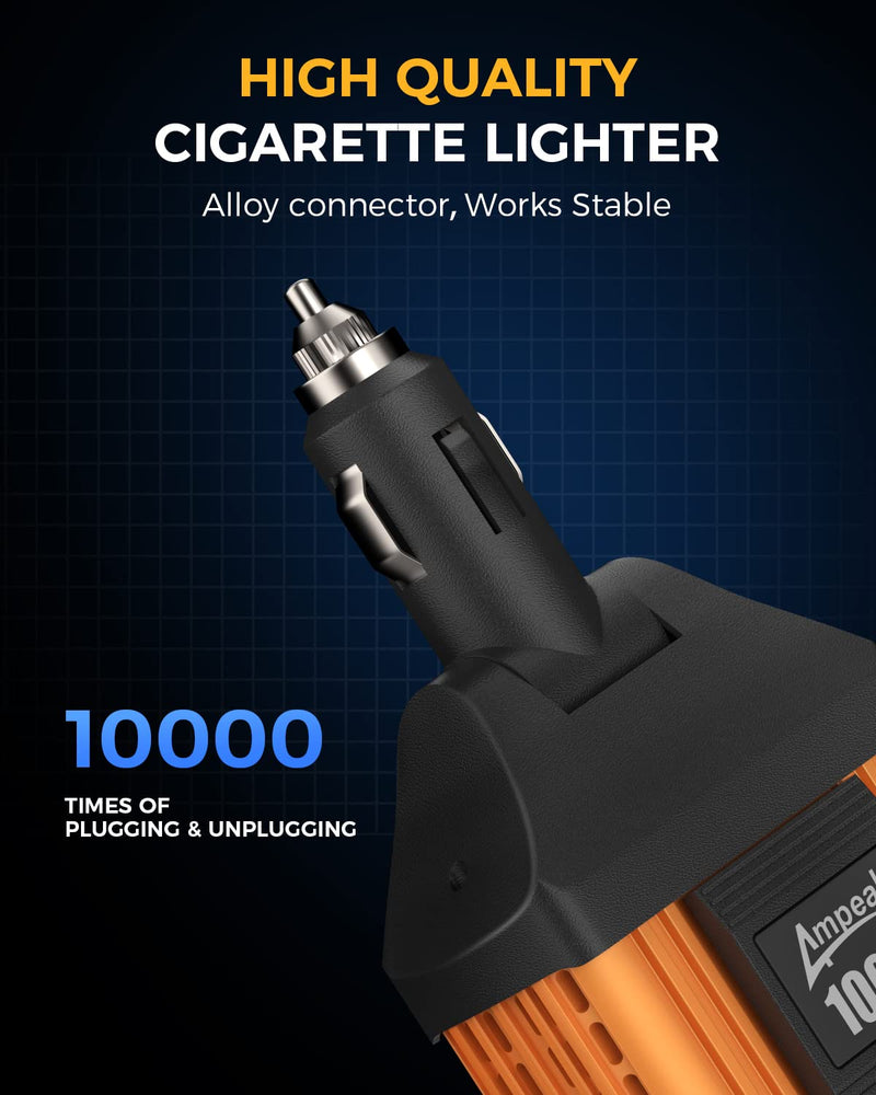 Ampeak 100W Car Power Inverter 4.8A Dual USB Ports AC Outlet 11 Safe Protections Cordless Cigarette Lighter Adapter for iPhone iPad Orange