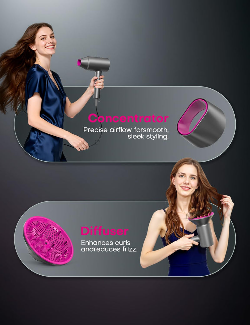 1800W Foldable Ionic Hair Dryer with Diffuser for Women & Men, Light Gray | 2 speed & 3 Heat Setting, Diffsuer & Concentrator for curly hair, Professional Blow Dryer, 100 Millions Negative ion