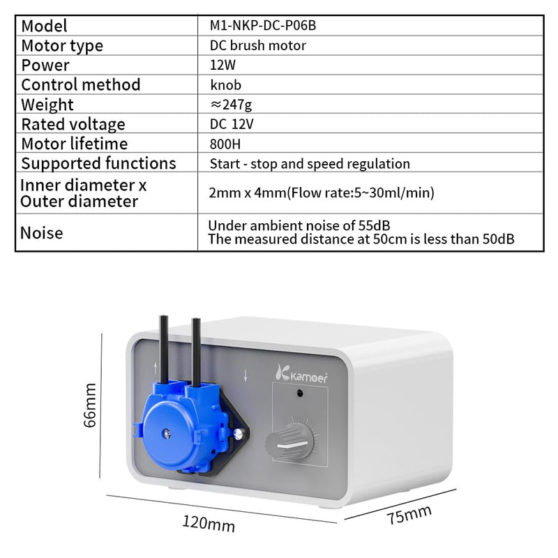 Kamoer M1-NKP Peristaltic Pump 12V 5-30ml/min Low Flow Adjustable Speed Liquid Dosing Pump for Lab Factory Liquid Transfer with Power Adapter
