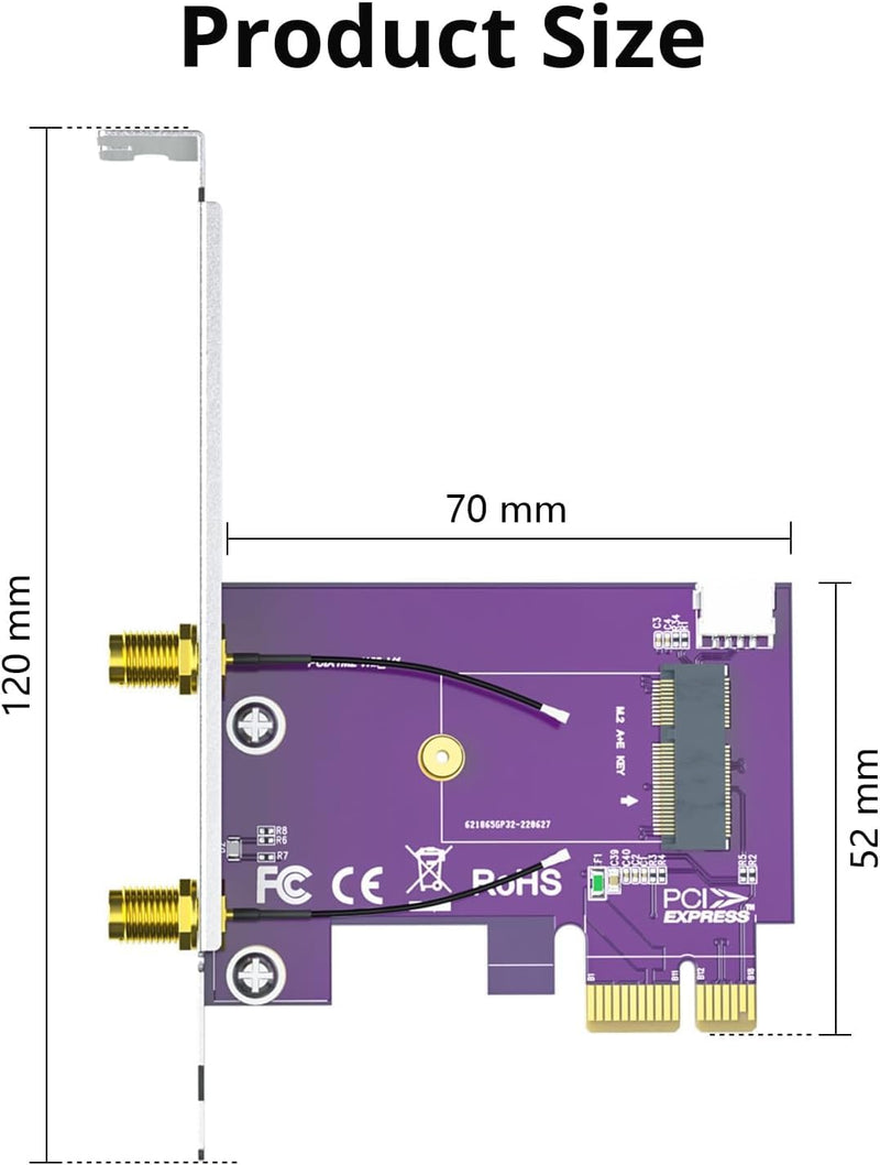 H!Fiber PCIE X1 to M.2/NGFF (A+E Key) Module Adapter Card with Dual-Band 2.4&5G 2X 5dBi Antenna M.2/NGFF (A+E Key)