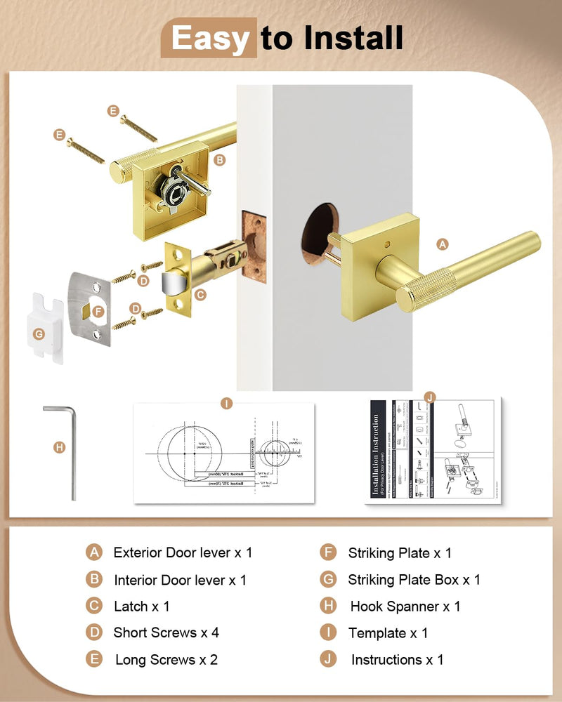 Probrico Brushed Gold Privacy Door Handle Interior, Knurled Keyless Locking Square Door Lever Handles, Reversible for Bathroom and Bedroom, 1 Pack