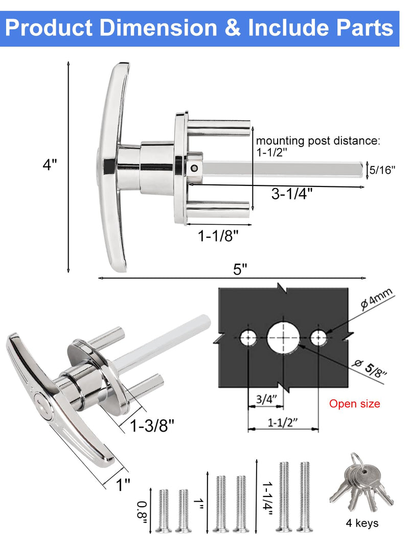 Garage Door Lock T-Handle Locks Latch Replacement Parts with 4 Keys, Mounting Hardware Included, Fit 1-3/8" to 2" Thick Doors, T-Handles Locking Set for Garage Door - 2pack