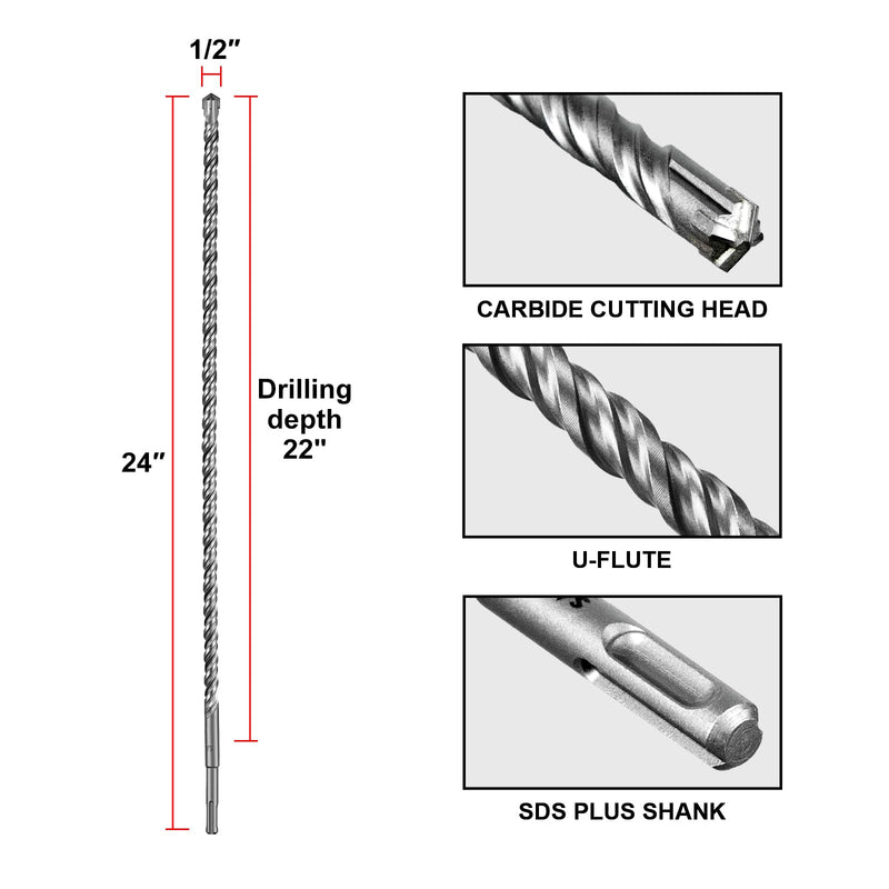 SALI SDS Plus Rotary Hammer Drill Bit 2 Pcs 1/2"*24" Concrete Drill Bit Kit Cross-Type Double Thread Carbide Material Suitable for Concrete, Brick, Cement Walls, Stone, Hammer Drill Bits for Concrete 1/2 in*24 in