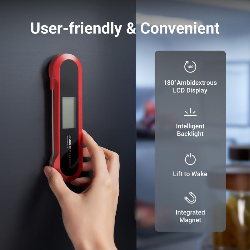0.7 Seconds Instant Read Meat Thermometer Digital for Cooking with Ambidextrous Backlit & IP67 Waterproof, Magnetic ThermoMaven F1 Food Probe for Kitchen, Outdoor Grilling, BBQ Smoker Red & Whiteker