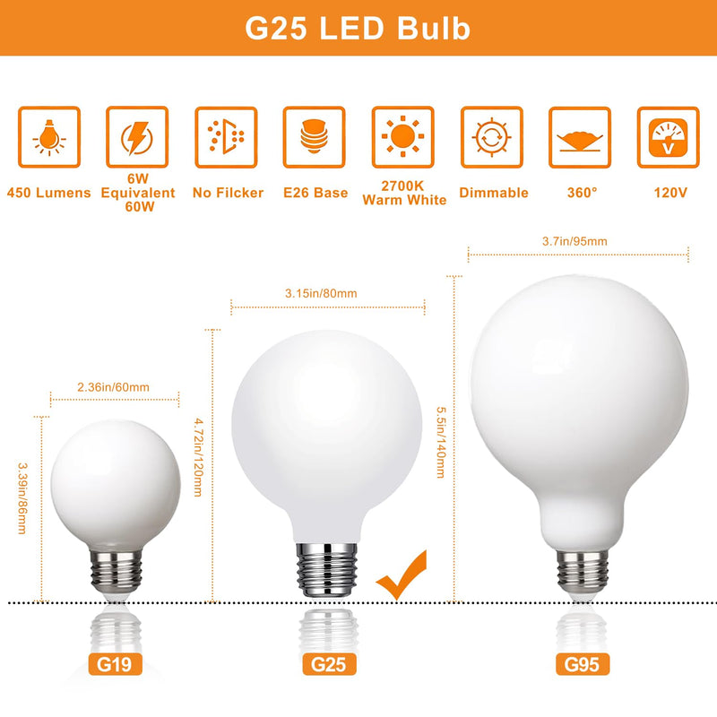 Vinaco Glass LED G25 Globe Light Bulbs 60W Equivalent, G25 Dimmable 2700K Warm White Round Frosted Vanity Light Bulb for Bathroom Mirror and Chandelier, 6 Pack Milky Frosted G 25 E26 Bulb with 450LM E26 Base（Pack of 6） 2700k Matt White Glass
