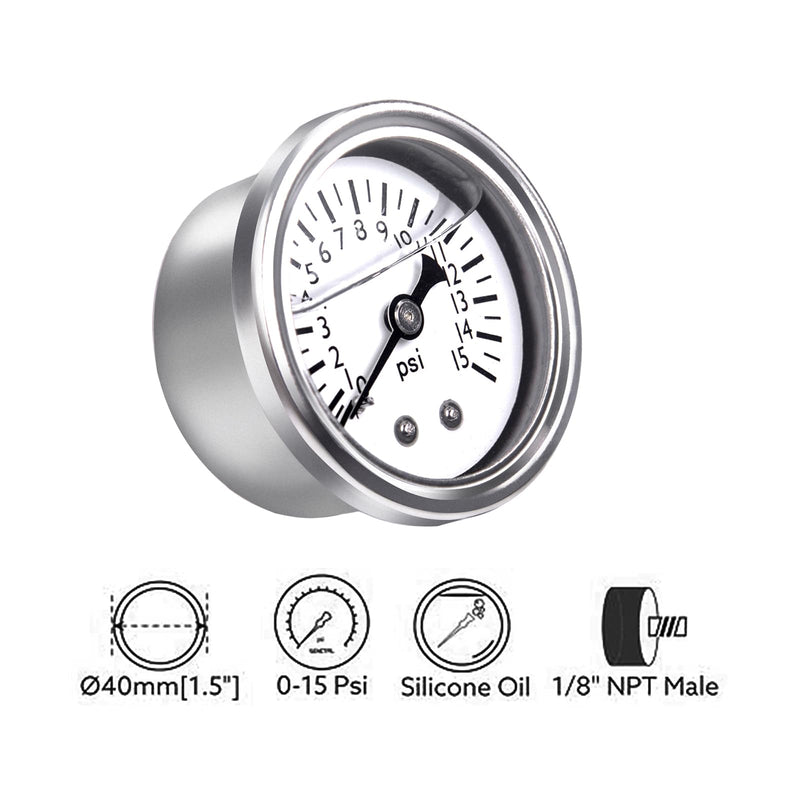 0-15 PSI Fuel Pressure Gauge, 1.5" White Dial, 1/8" NPT Center Back Mount, Glycerin Liquid Filled, 304 Stainless Steel case, Inline Low-Pressure Gauge, for Oil Water Air Pressure Test 0-15PSI