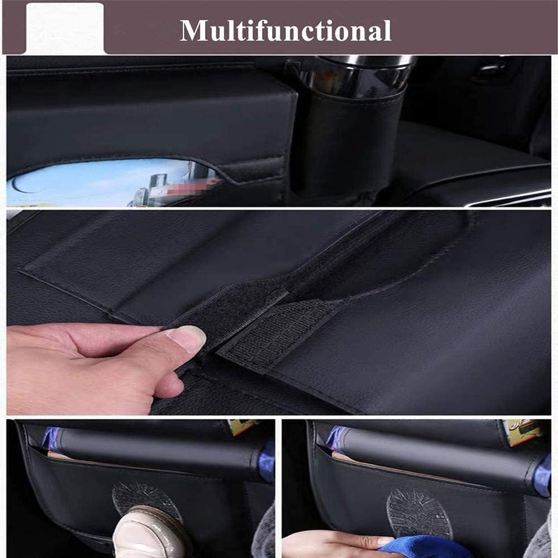 2 Pack PU Leather Premium Car SeatBack Organizer Travel Accessories Kick mats Back seat Protector and Cup Holder Holder Universal Use Seat Covers Black