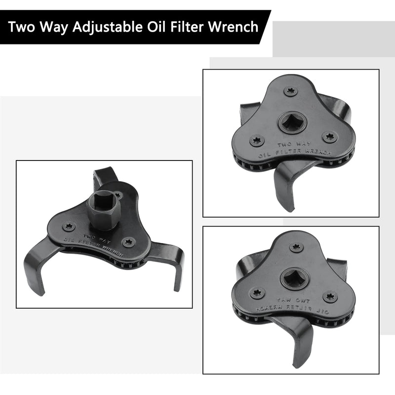 Universal Adjustable Oil Filter Wrench, Carbon Steel, Black, 1/2 & 3/8 Inch Square Drive Socket, 3-Jaw & 2-Way Design Black 2 1/8-4 1/2 Inch