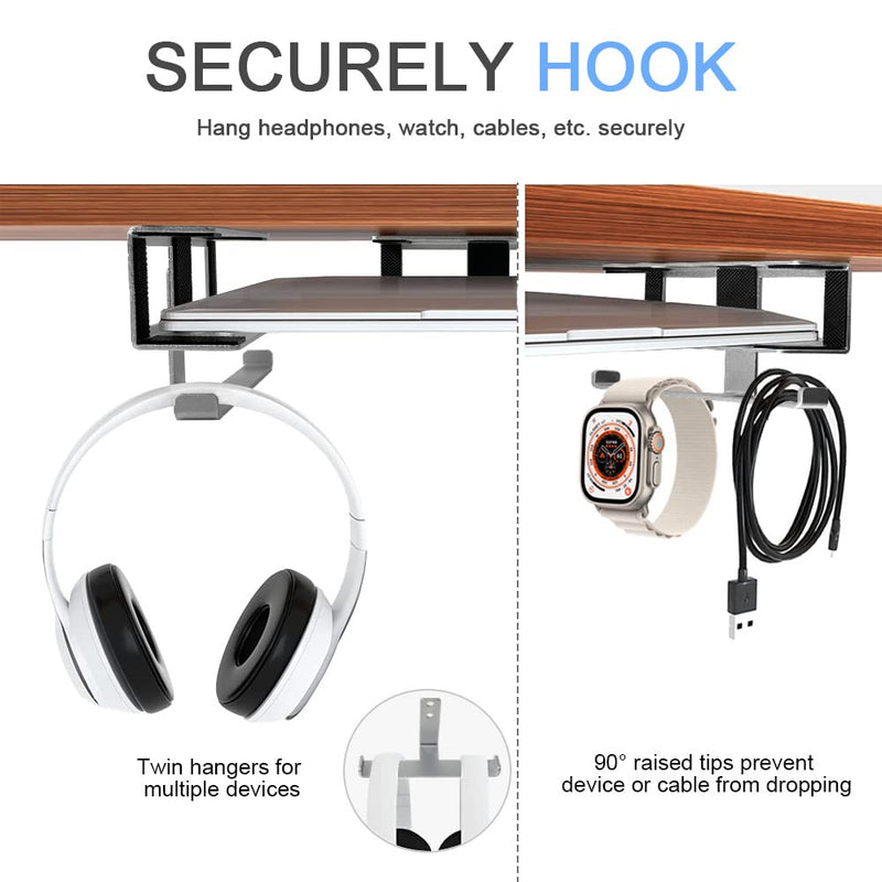 IFCASE Under Desk Laptop Mount & Headphone Holder with Adhesive & Screw, Hard Aluminum Under Table Desk Holder for Laptop, Mac Mini, MacBook Pro (Silver) Silver (with Hook)