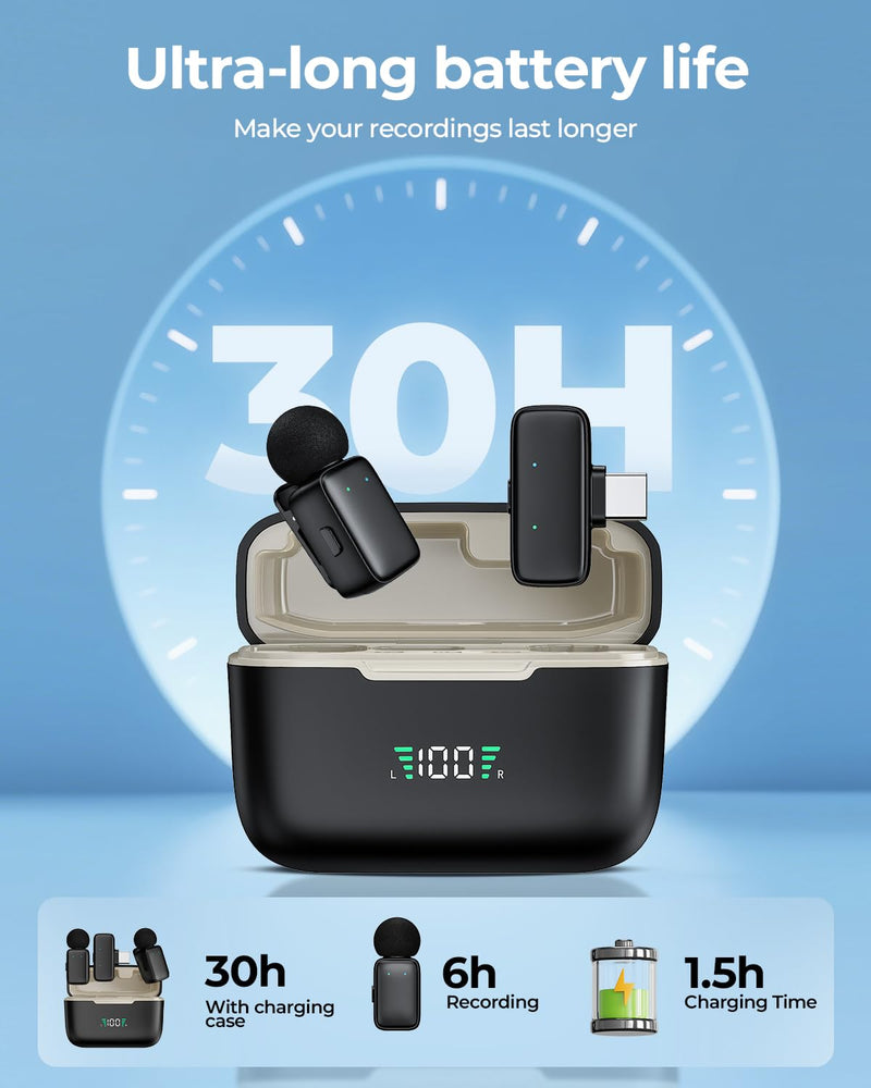Mini Wireless Lavalier Microphone for iPhone/Android/Tablet/PC with Lightning/USB-C Plug, Noise Cancellation, Wireless Clip-on Mic with Charging Case for Video Recording TikTok YouTube Podcast