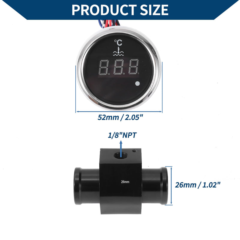 1.02" Universal Digital Water Temperature Gauge Kit with Black Joint Pipe Radiator Sensor Adaptor 100-300F - DC 12V Automotive LED Display 26mm